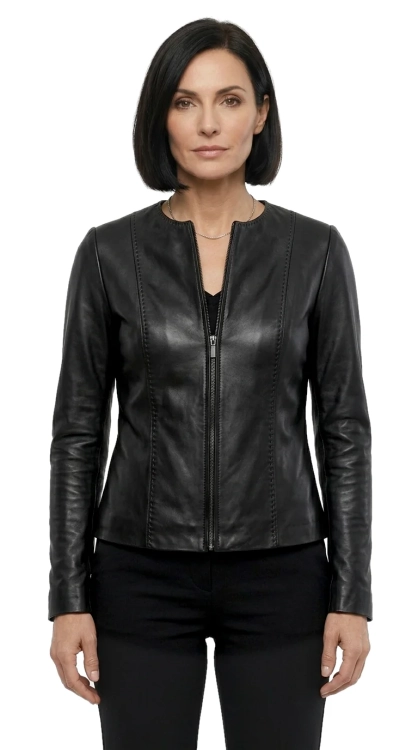 CHA450 - Czarna kurtka skórzana damska w typie kurtki chanelki DORJAN