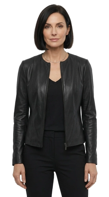 CHA450 - Czarna kurtka skórzana damska w typie kurtki chanelki DORJAN