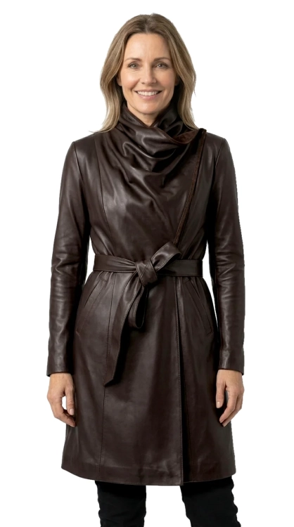 EST123 - Płaszcz skórzany damski z szerokim szalowym kołnierzem DORJAN