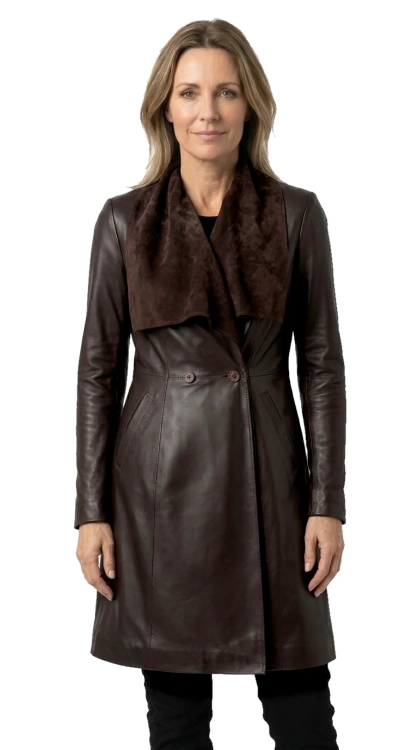 EST123 - Płaszcz skórzany damski z szerokim szalowym kołnierzem DORJAN