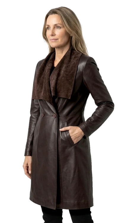 EST123 - Płaszcz skórzany damski z szerokim szalowym kołnierzem DORJAN