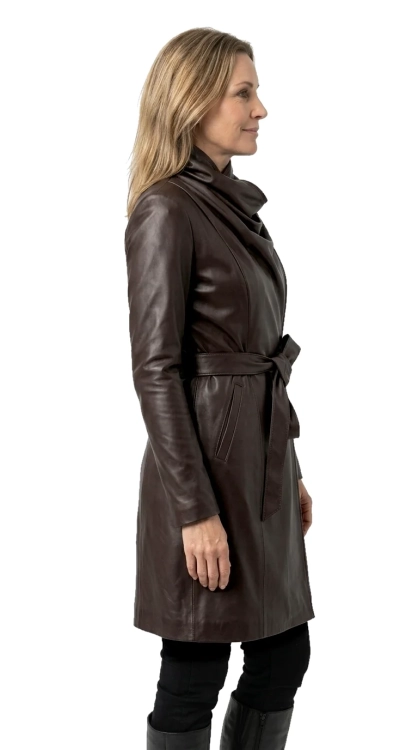 EST123 - Płaszcz skórzany damski z szerokim szalowym kołnierzem DORJAN