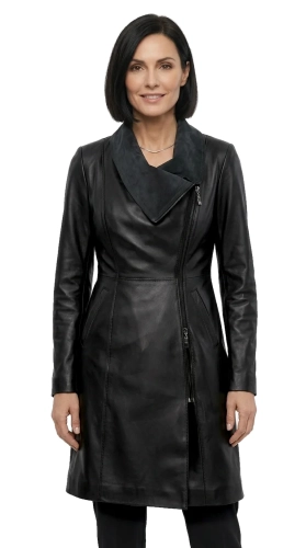 ESTZ450 - Czarny płaszcz skórzany damski z asymetrycznym zapięciem DORJAN