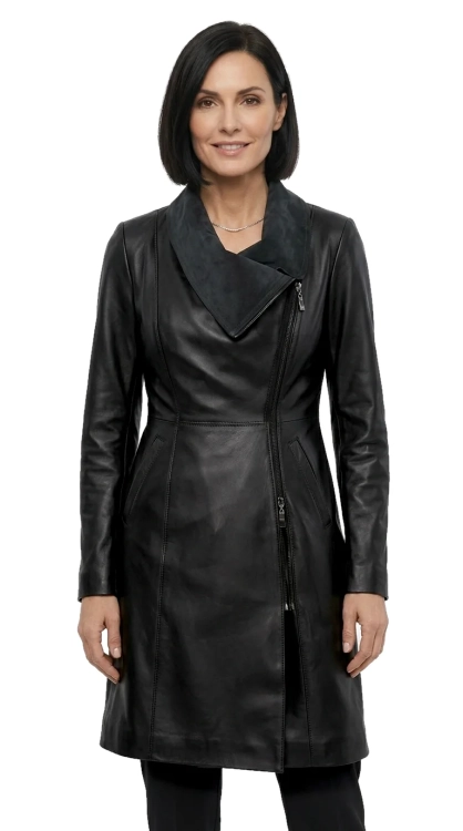 ESTZ450 - Czarny płaszcz skórzany damski z asymetrycznym zapięciem DORJAN
