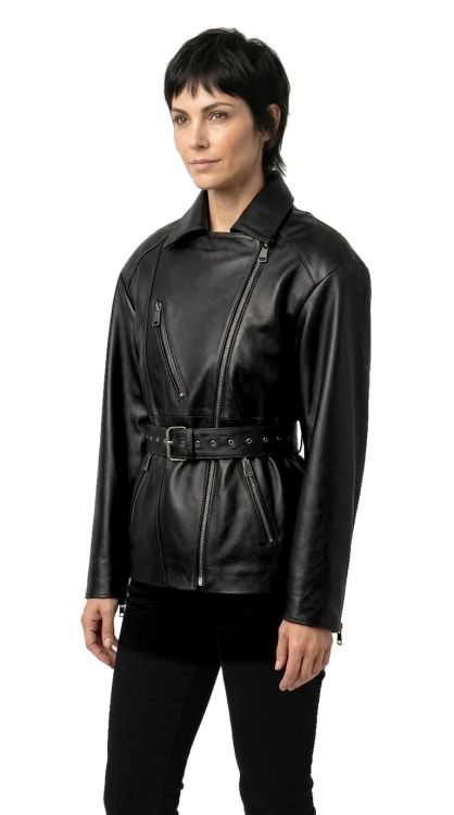 IRA450 - Damska ramoneska skórzana oversize z czarnej skóry owczej DORJAN