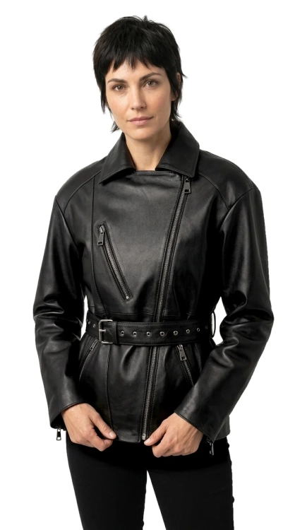 IRA450 - Damska ramoneska skórzana oversize z czarnej skóry owczej DORJAN