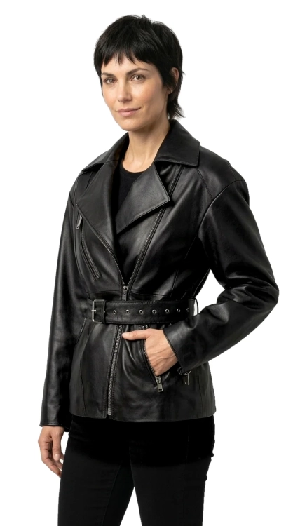 IRA450 - Damska ramoneska skórzana oversize z czarnej skóry owczej DORJAN