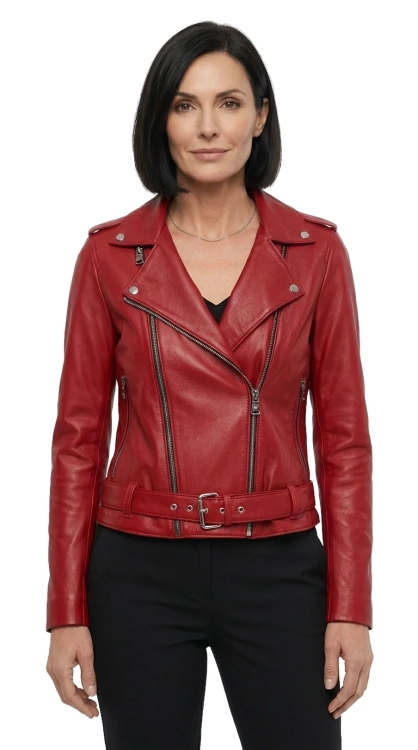 JUD467 - Ramoneska damska skórzana z wyjątkowej szkarłatnej skóry DORJAN