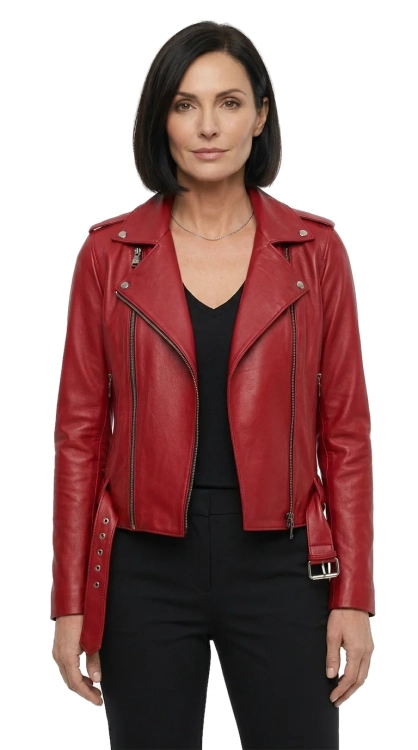 JUD467 - Ramoneska damska skórzana z wyjątkowej szkarłatnej skóry DORJAN