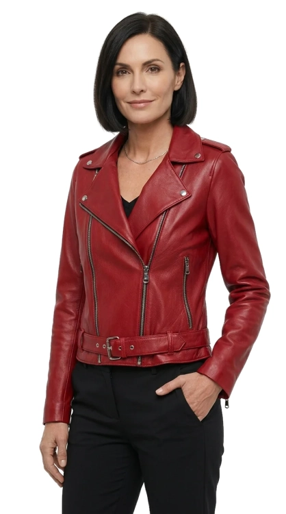 JUD467 - Ramoneska damska skórzana z wyjątkowej szkarłatnej skóry DORJAN