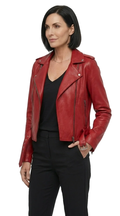 JUD467 - Ramoneska damska skórzana z wyjątkowej szkarłatnej skóry DORJAN