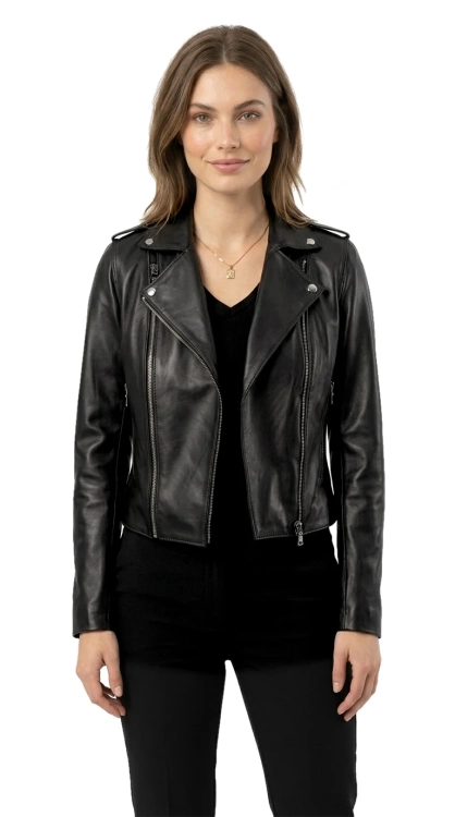 JUL450N - Ramoneska skórzana damska z czarnej skóry owczej DORJAN