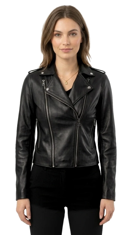 JUL450N - Ramoneska skórzana damska z czarnej skóry owczej DORJAN