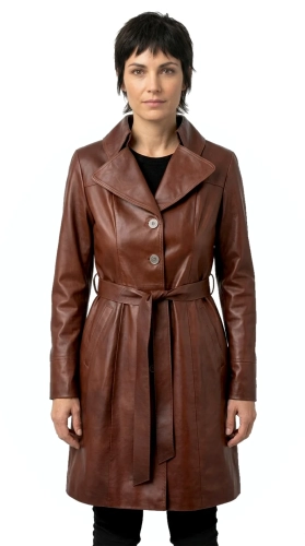 KRN122 - Płaszcz skórzany damski z brązowej skóry wiązany paskiem DORJAN