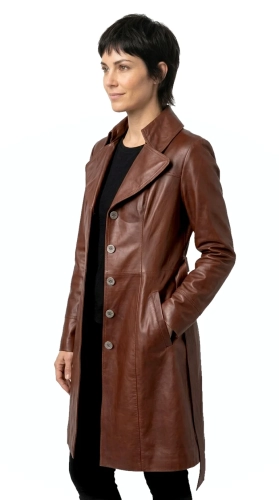 KRN122 - Płaszcz skórzany damski z brązowej skóry wiązany paskiem DORJAN