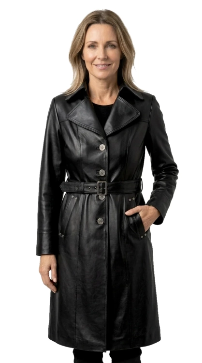 KRN450 - Jednorzędowy płaszcz skórzany damski z paskiem w talii DORJAN