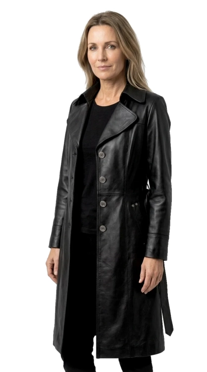 KRN450 - Jednorzędowy płaszcz skórzany damski z paskiem w talii DORJAN