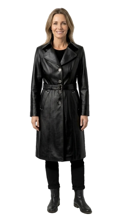KRN450 - Jednorzędowy płaszcz skórzany damski z paskiem w talii DORJAN