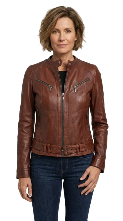 SAR122A - Brązowa kurtka skórzana damska z paskiem z naturalnej skóry DORJAN