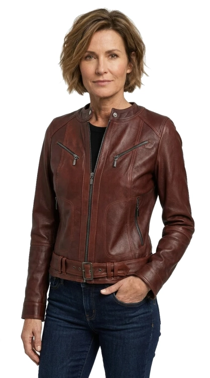 SAR122A - Brązowa kurtka skórzana damska z paskiem z naturalnej skóry DORJAN