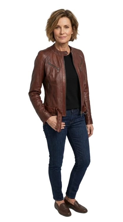 SAR122A - Brązowa kurtka skórzana damska z paskiem z naturalnej skóry DORJAN