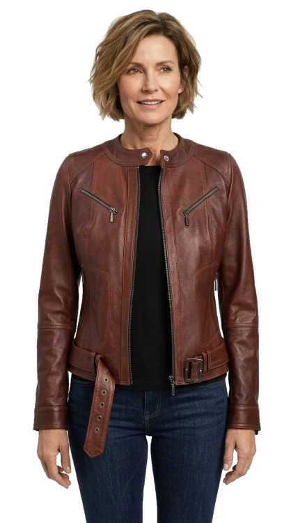 SAR122A - Brązowa kurtka skórzana damska z paskiem z naturalnej skóry DORJAN