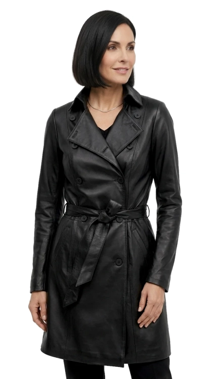 WIA450 - Dwurzędowy płaszcz skórzany damski wiązany paskiem DORJAN