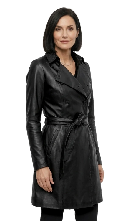 WIA450 - Dwurzędowy płaszcz skórzany damski wiązany paskiem DORJAN
