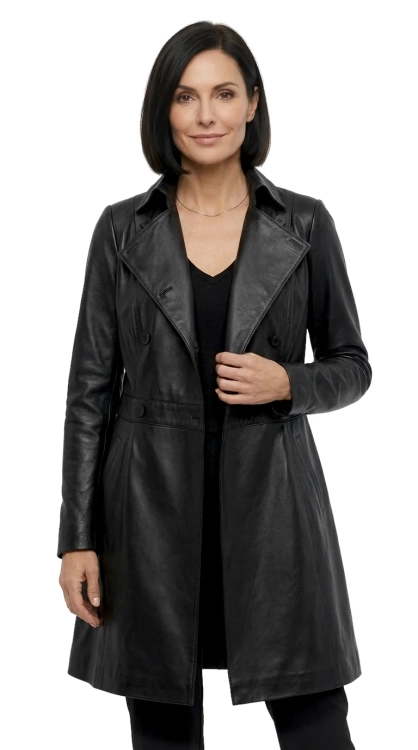 WIA450 - Dwurzędowy płaszcz skórzany damski wiązany paskiem DORJAN