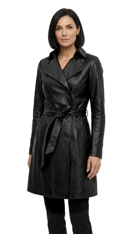 WIA450 - Dwurzędowy płaszcz skórzany damski wiązany paskiem DORJAN