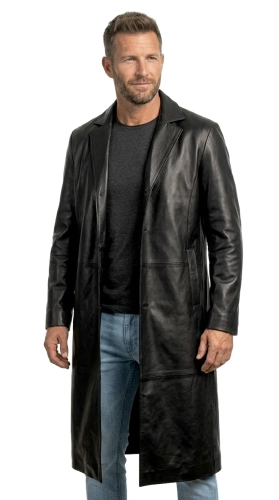 JAR450 - Elegancki płaszcz skórzany męski jednorzędowy długi DORJAN