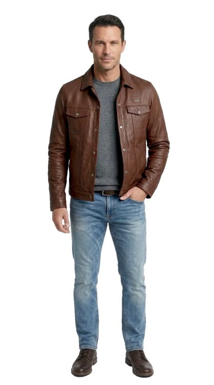 KTM122 - Brązowa kurtka skórzana w stylu katany jeansowej DORJAN