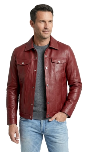 KTM466 - Bordowa kurtka skórzana męska w stylu katany jeansowej DORJAN
