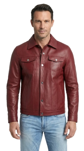 KTM466 - Bordowa kurtka skórzana męska w stylu katany jeansowej DORJAN