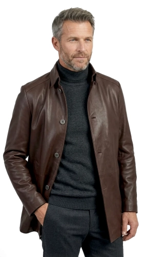 NOR122A - Elegancka brązowa kurtka skórzana męska zapinana na guziki DORJAN