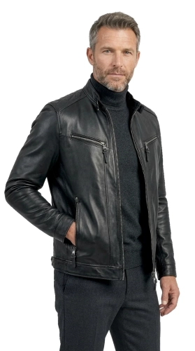 TUS450_1 - Rockowa kurtka skórzana męska w kolorze czarnym DORJAN