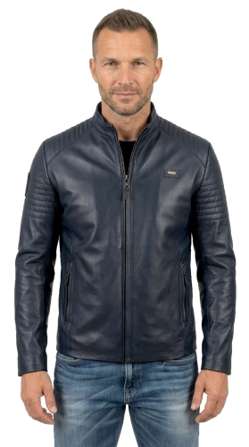 VIT074 - Niebieska kurtka skórzana męska na wiosnę i lato DORJAN