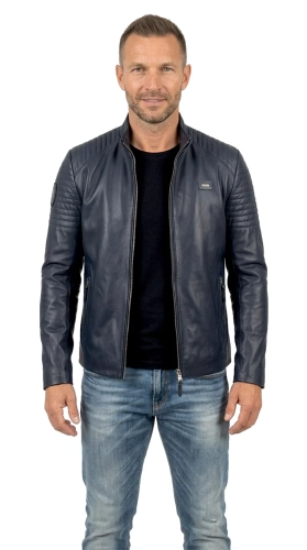 VIT074 - Niebieska kurtka skórzana męska na wiosnę i lato DORJAN