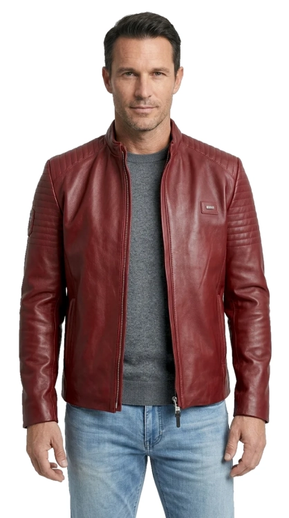 VIT466 - Lekka kurtka skórzana męska casual w kolorze bordo DORJAN