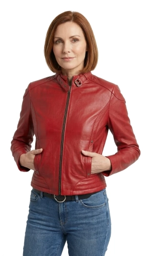 EWA467 - Czerwona skórzana kurtka damska w typie kurtki biker DORJAN