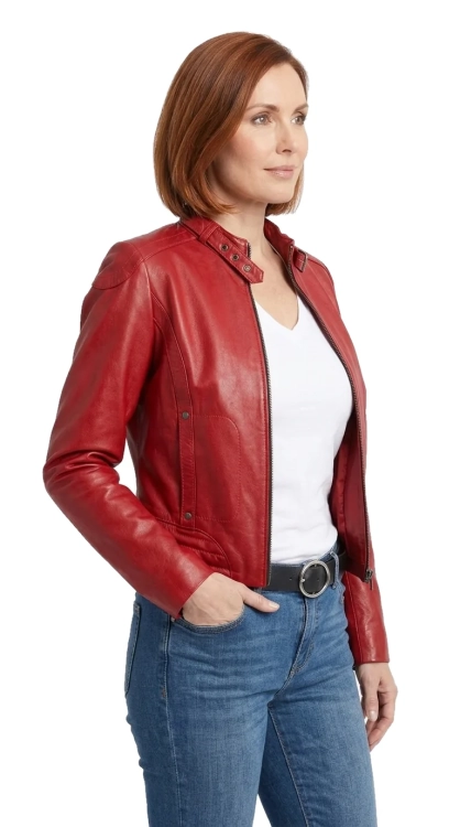 EWA467 - Czerwona skórzana kurtka damska w typie kurtki biker DORJAN