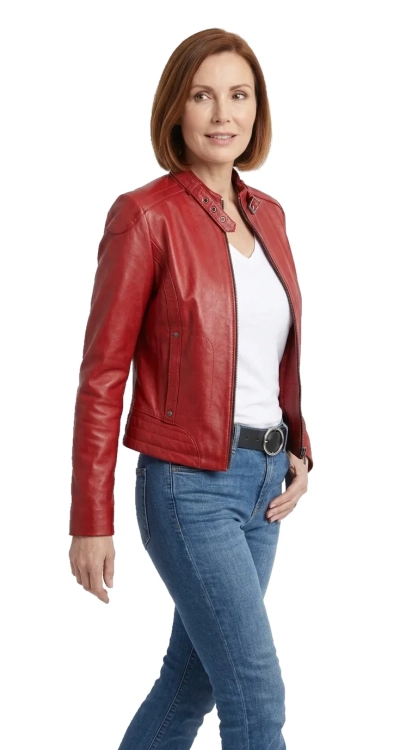 EWA467 - Czerwona skórzana kurtka damska w typie kurtki biker DORJAN