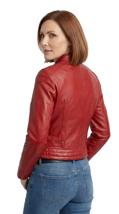 EWA467 - Czerwona skórzana kurtka damska w typie kurtki biker DORJAN