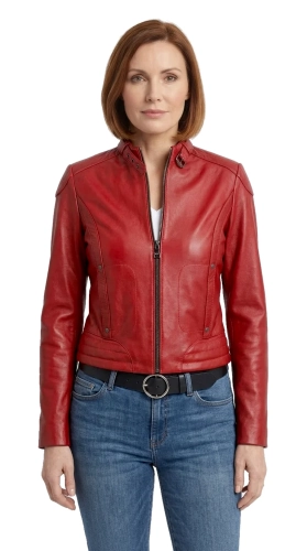 EWA467 - Czerwona skórzana kurtka damska w typie kurtki biker DORJAN