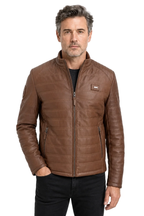 OUT249 - XL - Kurtka skórzana pikowana męska granatowa DORJAN Outlet