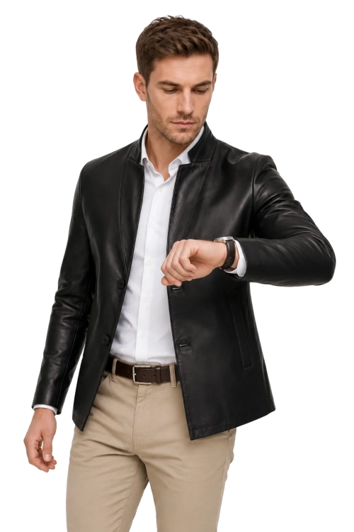 JSZ450 - Elegancka kurtka męska z czarnej skóry naturalnej DORJAN