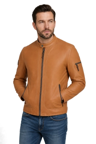 KEN084 - camelowa kurtka męska biker ze skóry naturalnej DORJAN