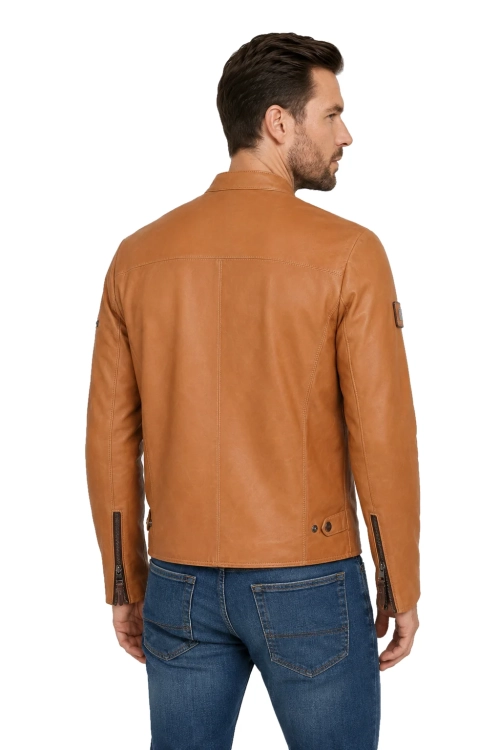 KEN084 - camelowa kurtka męska biker ze skóry naturalnej DORJAN