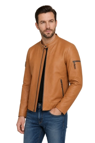 KEN084 - camelowa kurtka męska biker ze skóry naturalnej DORJAN