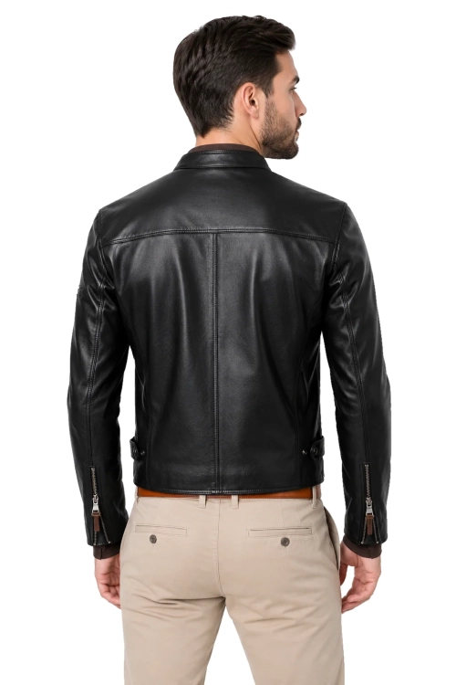 KEN451 - męska kurtka skórzana biker z czarnej skóry naturalnej DORJAN